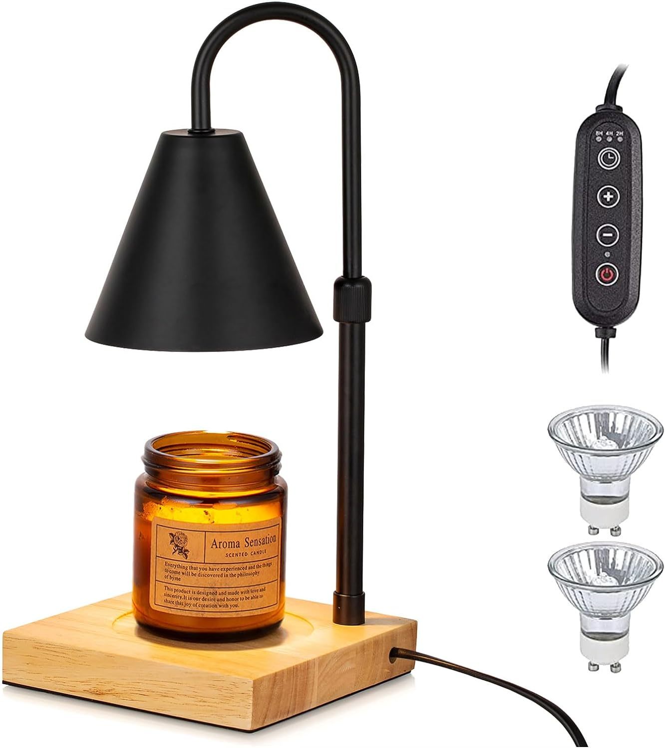 Candle Warmer Lamp with Timer & Dimmer – Adjustable Height Wood Base Electric Wax Melt Warmer for Jar Candles