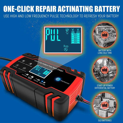 12V-24V Car Battery Charger Trickle Smart Pulse Repair for Boat, Caravan & Motorcycle