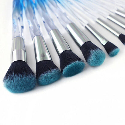 10pcs High-end Makeup Brush Set – Crystal Blue Foundation & Eyeshadow Brushes for Professional Application