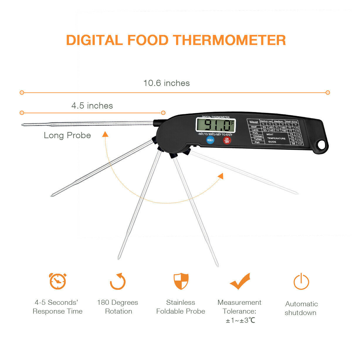 Digital Meat Thermometer – Instant Read Food Thermometer for BBQ, Grill, Oven & Smoker