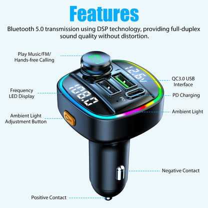 Bluetooth 5.0 Auto-FM-Transmitter-Adapter mit USB-PD-Ladegerät und AUX – Freihändiger Audio-Receiver mit Rauschunterdrückung fürs Auto