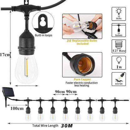 30M Solar Power 30 LED String Lights – Waterproof Bulb Festoon Lights for Weddings & Parties