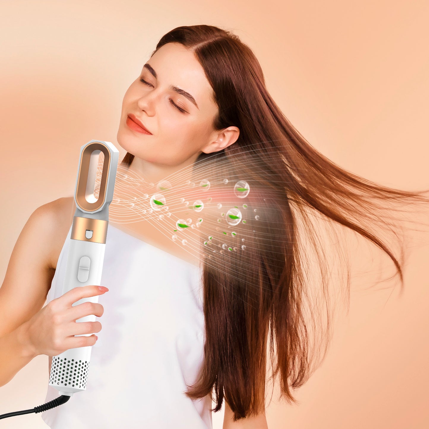 Haartrocknerbürste 5-in-1 – Heißluftföhn zum Trocknen, Glätten, Locken und Volumengeben, Weißgold