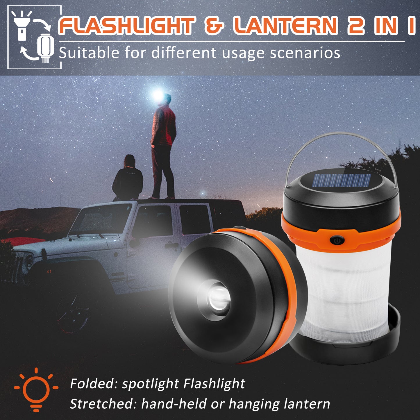 Wanjo Collapsible LED Solar Camping Lights – Rechargeable Portable Lantern with Multifunctional Whistle for Camping, Travel & Fishing