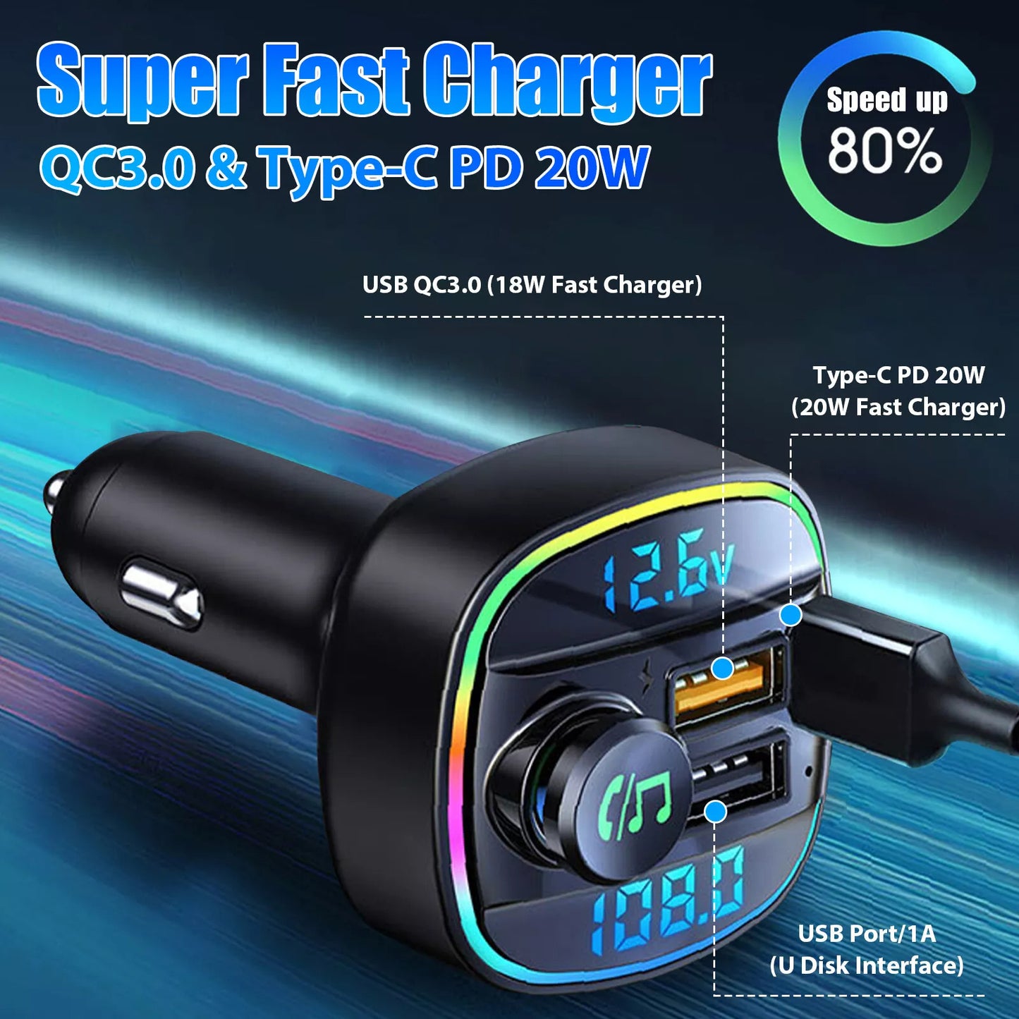 Bluetooth 5.0 Auto-FM-Transmitter-Adapter mit USB-PD-Ladegerät und AUX – Freihändiger Audio-Receiver mit Rauschunterdrückung fürs Auto