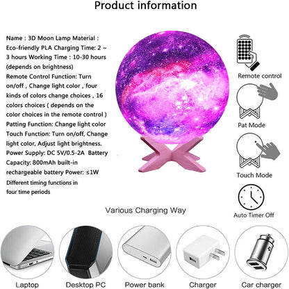 3D Galaxy Moon Lamp – Touch-Control Color-Changing Lunar Light