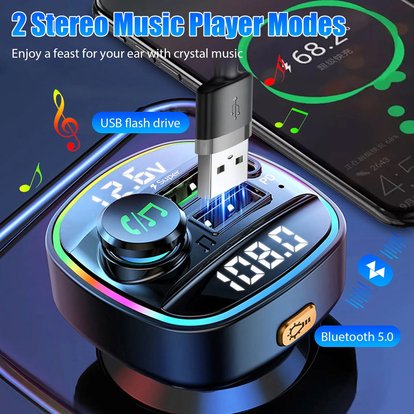 Bluetooth 5.0 Auto-FM-Transmitter-Adapter mit USB-PD-Ladegerät und AUX – Freihändiger Audio-Receiver mit Rauschunterdrückung fürs Auto