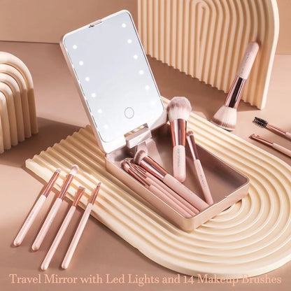 14PCS Travel Makeup Brush Set with LED Light Mirror – Portable Cosmetic Brush Set with Mirror for On-the-Go Beauty