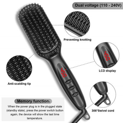 2-in-1 Hair Straightener Brush & Beard Comb Styler – Electric Ionic Straightening Brush for Hair & Beard