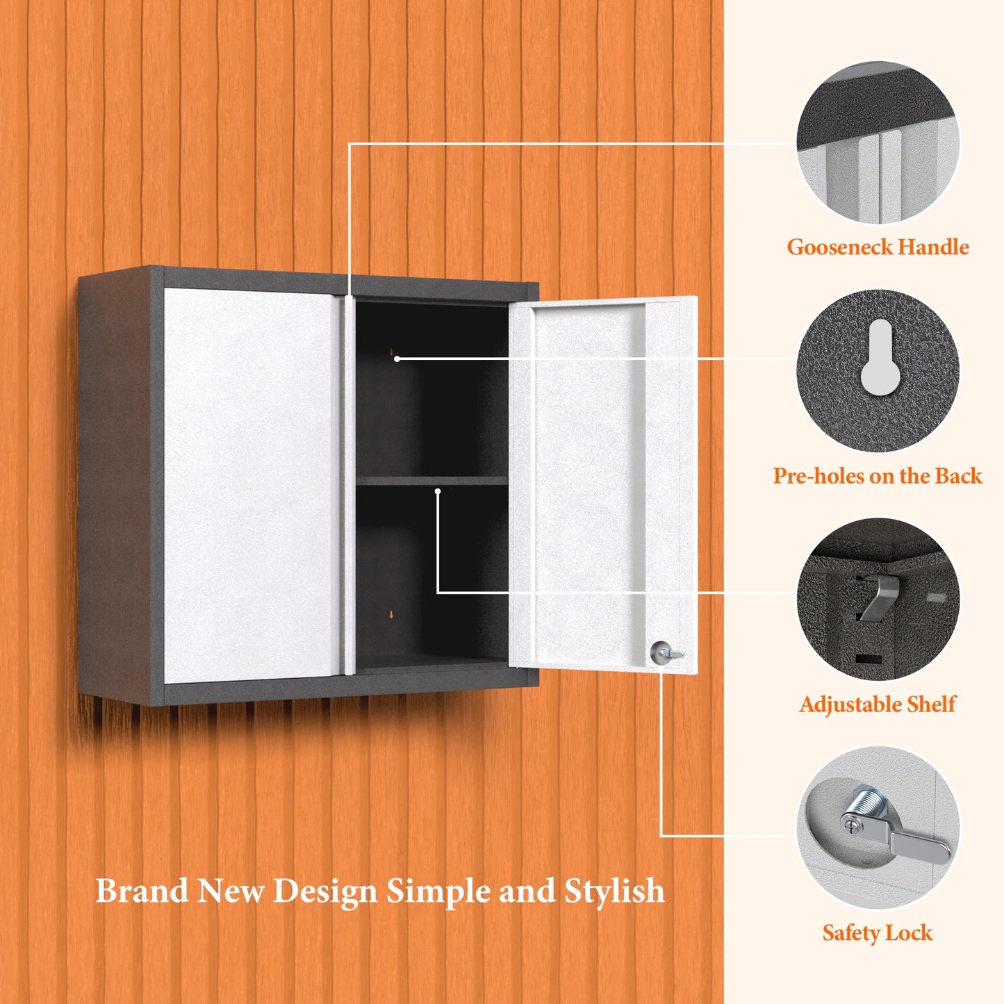 Metal Wall Cabinet for Storage with Lock - Wall-Mounted Steel Garage Cabinet with Adjustable Shelf