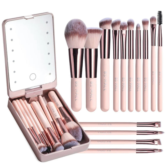 14PCS Travel Makeup Brush Set with LED Light Mirror – Portable Cosmetic Brush Set with Mirror for On-the-Go Beauty