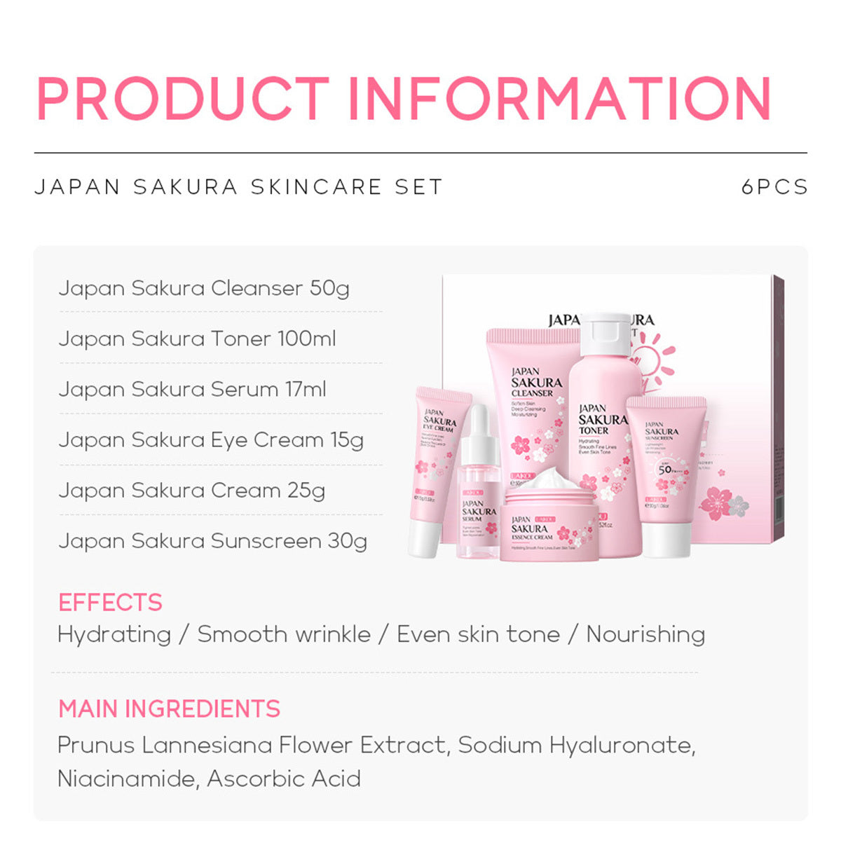 JAPAN SAKURA Skin Care Set – 6-Piece Beauty Gift Set with Cleanser, Toner, Serum, and More for Women