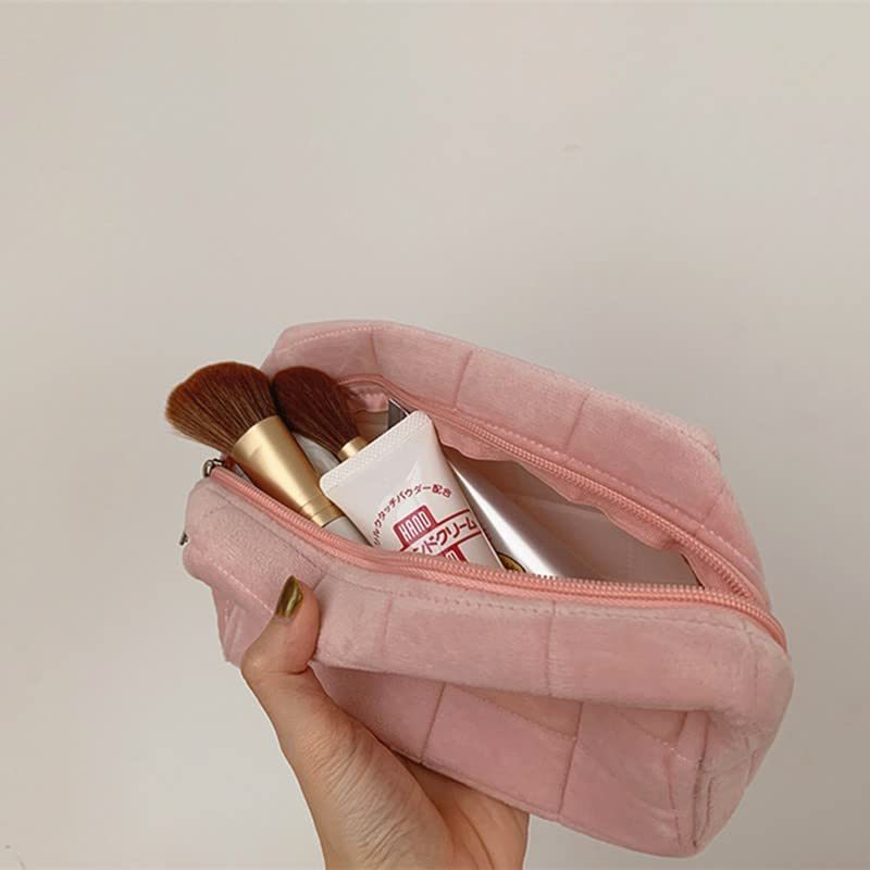 Plüschige karierte Make-up-Tasche – Große Kosmetik-Reisetasche mit Reißverschluss für Damen, multifunktionale Aufbewahrung für Toilettenartikel und Bürsten