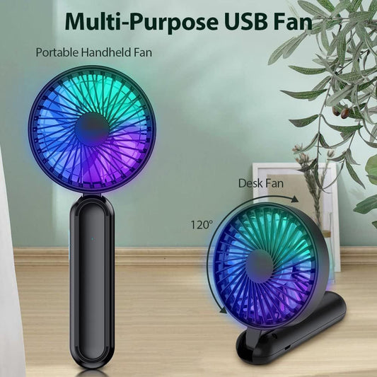 Portable Handheld Fan – Personal USB Fan with RGB Color Light & 5 Speed Settings