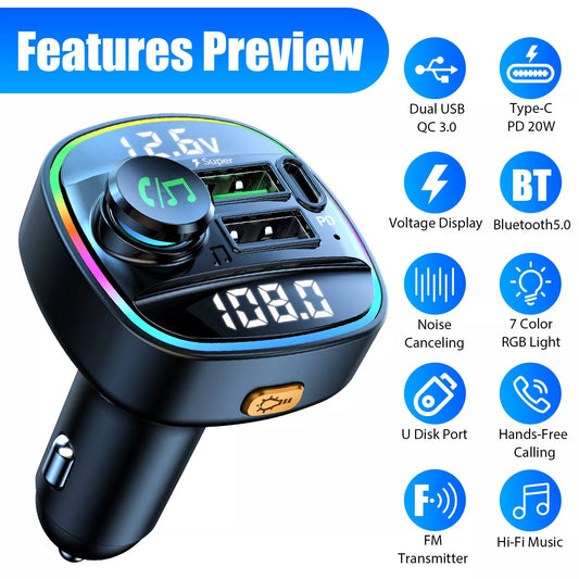 Bluetooth 5.0 Auto-FM-Transmitter-Adapter mit USB-PD-Ladegerät und AUX – Freihändiger Audio-Receiver mit Rauschunterdrückung fürs Auto