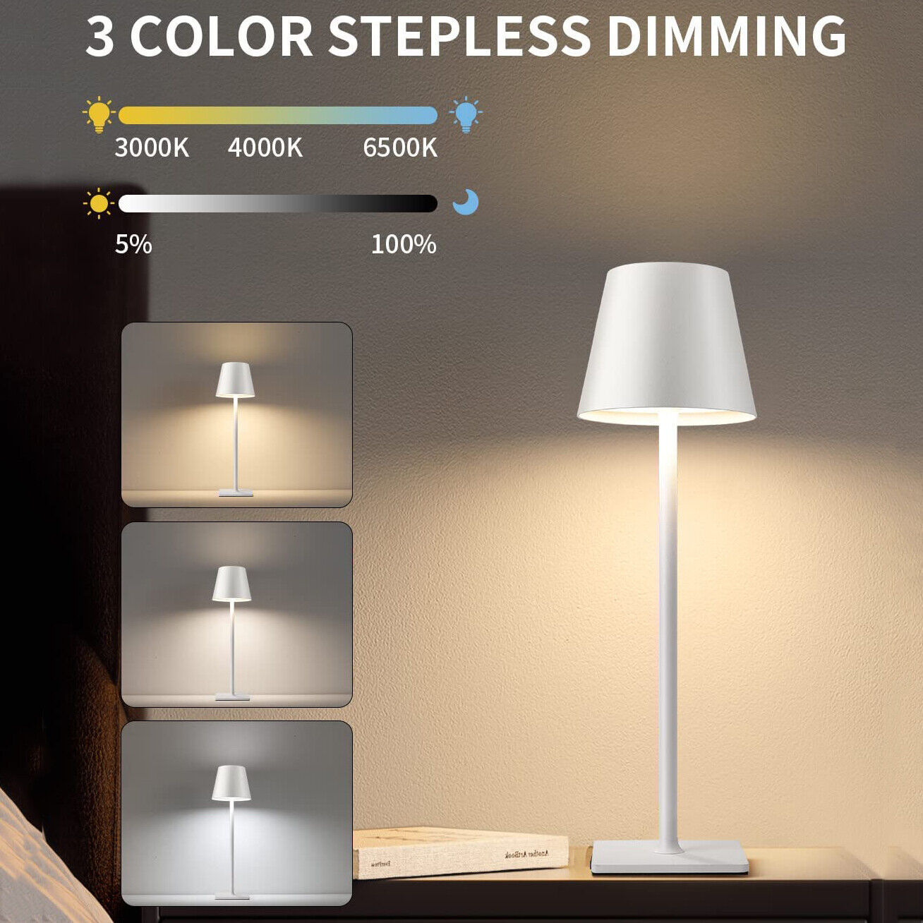 Rechargeable Cordless Metal Table Desk Lamp – Touch Control Dimmable Night Light