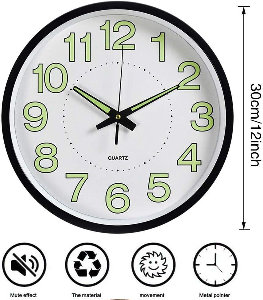 12'' Wall Clock – Large Quartz Silent Luminous Glow in the Dark Clock for Home & Office