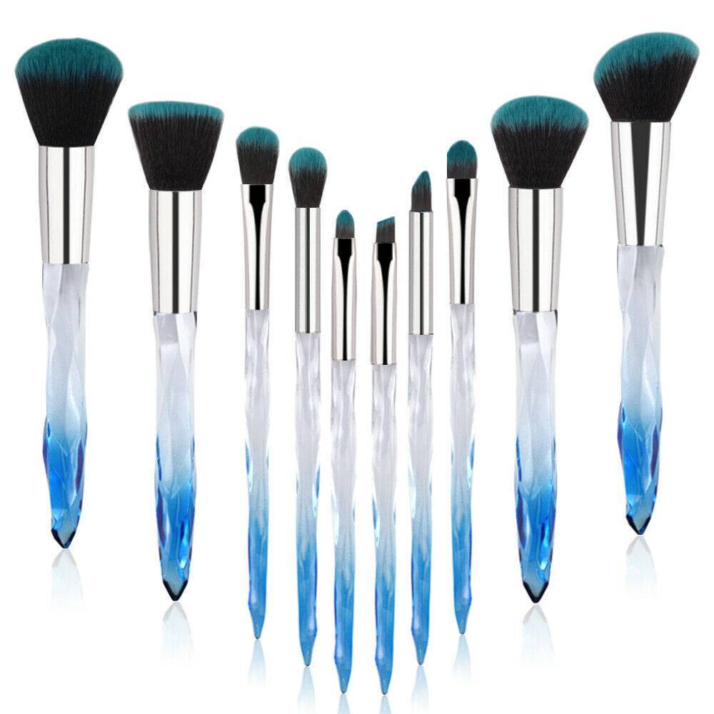 10pcs High-end Makeup Brush Set – Crystal Blue Foundation & Eyeshadow Brushes for Professional Application