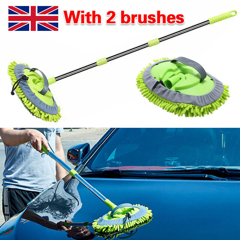 Telescopic Car Cleaning Brush Microfiber Mop Wash Kit - Scratch Free, 2x Brushes