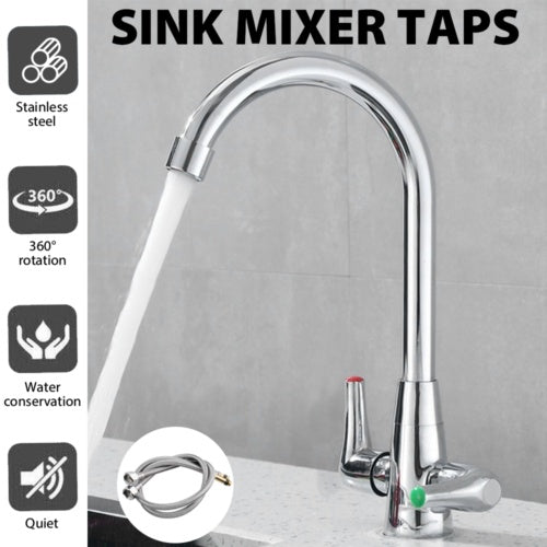 Modern Kitchen Sink Mixer Tap – Swivel Spout Twin Lever Mono Faucet in Chrome