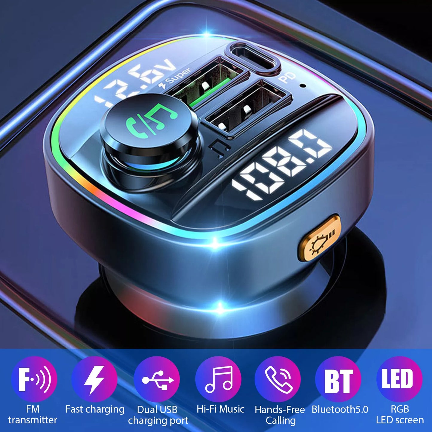 Bluetooth 5.0 Auto-FM-Transmitter-Adapter mit USB-PD-Ladegerät und AUX – Freihändiger Audio-Receiver mit Rauschunterdrückung fürs Auto