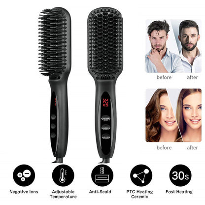 2-in-1 Hair Straightener Brush & Beard Comb Styler – Electric Ionic Straightening Brush for Hair & Beard