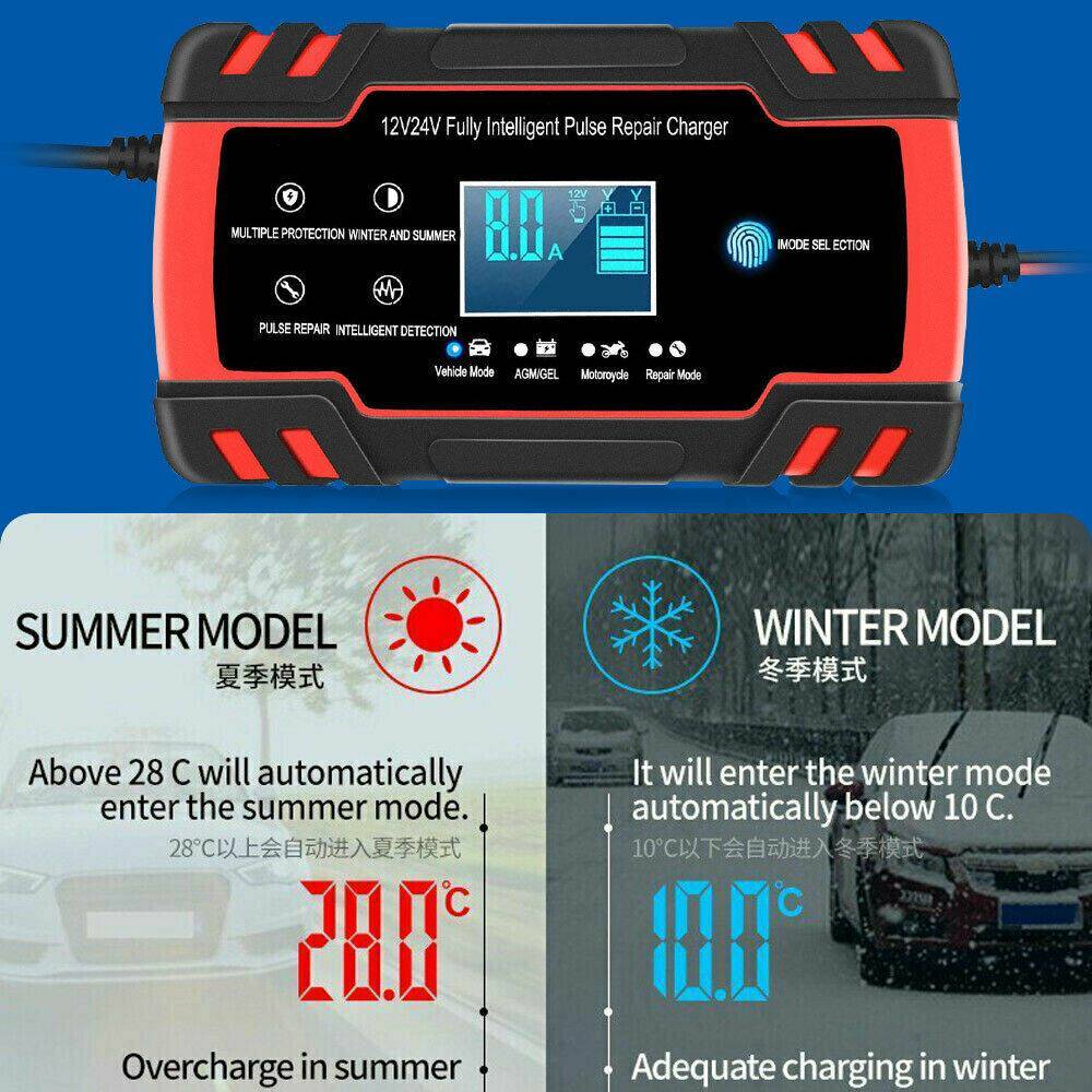 12V-24V Car Battery Charger Trickle Smart Pulse Repair for Boat, Caravan & Motorcycle