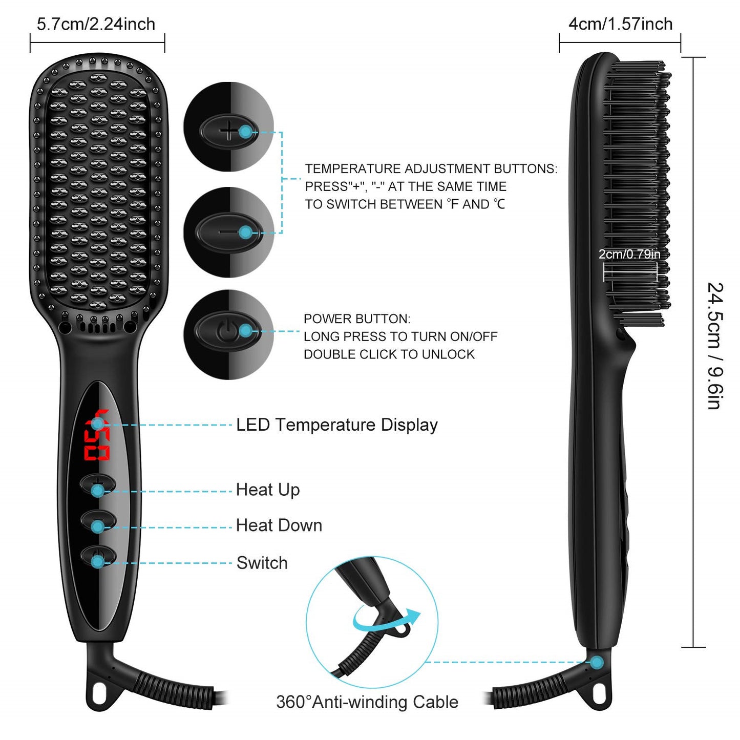 2-in-1 Hair Straightener Brush & Beard Comb Styler – Electric Ionic Straightening Brush for Hair & Beard