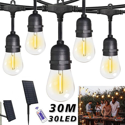 30M Solar Power 30 LED String Lights – Waterproof Bulb Festoon Lights for Weddings & Parties