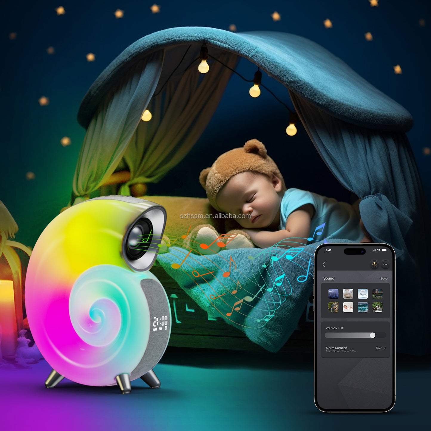 Conch Smart RGB Atmosphere Light Bluetooth-Lautsprecher – Wecker, Wecklampe und weißes Rauschen