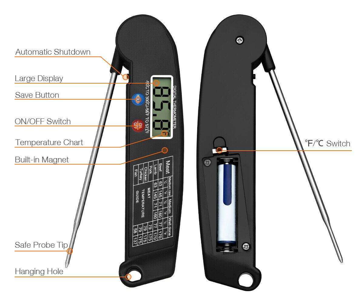 Digital Meat Thermometer – Instant Read Food Thermometer for BBQ, Grill, Oven & Smoker