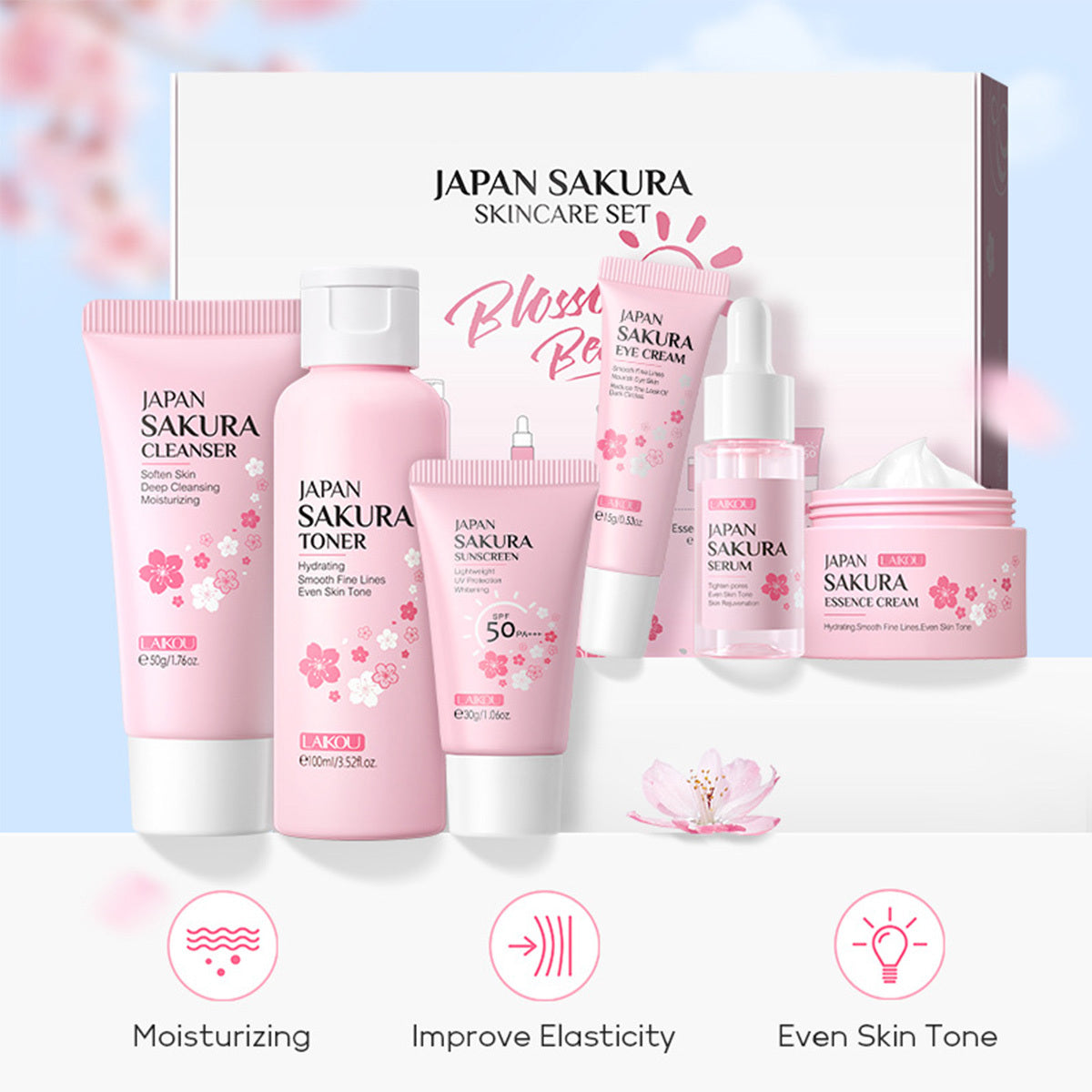 JAPAN SAKURA Skin Care Set – 6-Piece Beauty Gift Set with Cleanser, Toner, Serum, and More for Women